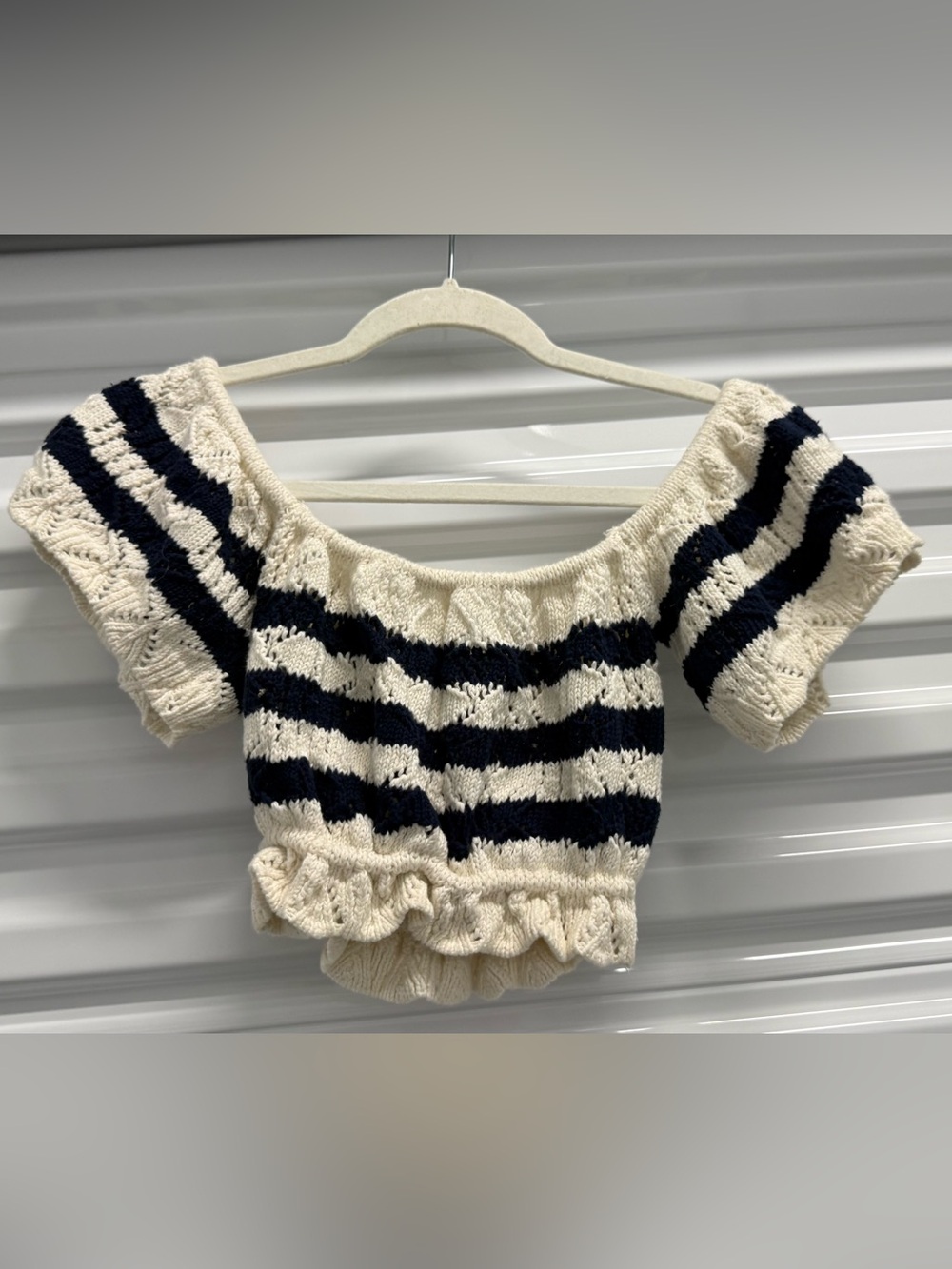 Zara Striped Off-Shoulder Ruffle Hem Sweater Top - Cream & Navy small